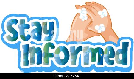 Bleiben Sie informiert Schriftart im Cartoon-Stil mit Waschen Hände mit Seifenblasen isoliert Illustration Stock Vektor