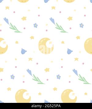 Niedliches kindliches Muster mit Mond und Blumen auf weißem Hintergrund. Vektor-Textur mit Sternen und Blumenmuster. Cartoon Sommer Nacht Tapete für nu Stock Vektor