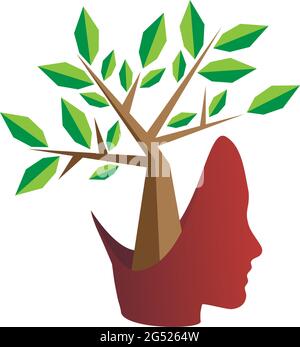 Vektor-Logo-Baum im menschlichen Kopf. Konzept der Person ökologisch, denken grün Stock Vektor