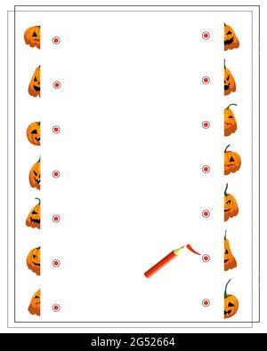 Ein logisches Spiel für Kinder finden die richtigen Hälften eines Kürbis, Halloween, Herbst. vektor isoliert auf einem weißen Hintergrund. Stock Vektor