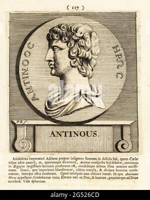 Antinoos, c. 111-130, Bithynische griechische Jugend und ein Liebling des römischen Imperators Hadrian. Nach seinem Tod, als gott und Held verehrt. Kupferstich von Pieter Bodart (1676-1712) aus Henricus Spoor’s Deorum et Heroum, Virorum et Mulierum Illustrium Imagines Antiquae Illustatae, Gods and Heroes, Men and Women, Illustrated with Antique Images, Petrum, Amsterdam, 1715. Erstmals veröffentlicht als Favissæ utriusque antiquitatis Tam Romanæ quam Græcæ im Jahr 1707. Henricus Spoor war ein niederländischer Arzt, klassischer Gelehrter, Dichter und Schriftsteller, fl. 1694-1716. Stockfoto