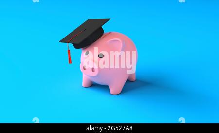 Teure Ausbildung. Sparschwein in einer Kappe eines Absolventen auf blauem Hintergrund. Einsparungen im Bildungsbereich. 3d-Rendering. Stockfoto