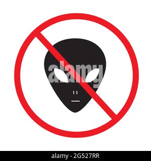 Kein Alien-Symbol auf weißem Hintergrund. UFO-Ban-Zeichen. Stoppen Alien. UFO ist verbotenes Symbol. Flacher Stil. Stockfoto