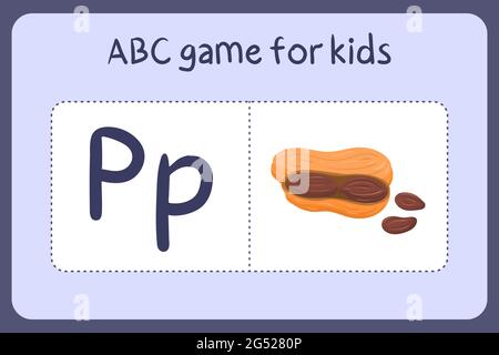 Kind Alphabet Mini-Spiele im Cartoon-Stil mit dem Buchstaben P - Erdnuss. Vektor-Illustration für Spiel-Design - Schneiden und spielen. Lerne abc mit Flash-Karten für Obst und Gemüse. Stock Vektor