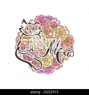 Meow. Handschriftzug Grunge Karte mit Blumenhintergrund. Handgefertigte Doodle-Buchstaben im Retro-Stil. Handgezeichnete Illustration für Vintage-Vektortypografie Stock Vektor