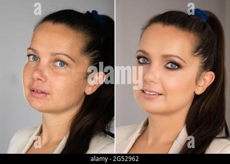 Frau Gesicht Haut Make-Up. Vorher Und Nachher Vergleichen Stockfoto