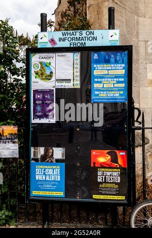 Während der Pandemievorräte in Covid-19 waren die „What's On“-Tafeln in Cambridge größtenteils mit Covid-19-Informationsplakaten gefüllt. Stockfoto