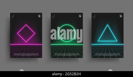 Synthwave Poster-Set. Leuchtende Geometrieformen mit Laser-Perspektivenraster im Sternenraum. Lebendige Layouts für retrowave elektronische Musikveranstaltungen. Design Stock Vektor