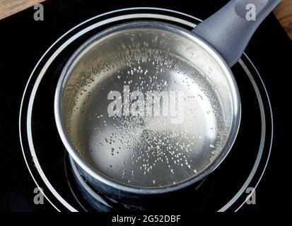 Wasserkocher mit kochendem Wasser auf einem elektrischen Induktionskochfeld auf einem hölzernen Küchentisch Stockfoto