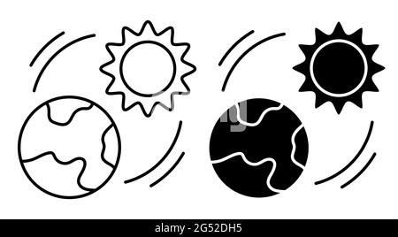 Sonne scheint auf dem Planeten Erde lineares Symbol. Wechselnde Jahreszeiten auf dem Planeten. Globale Erwärmung. Erhöhung der Umgebungstemperatur. Einfacher Schwarz-Weiß-Vektor Stock Vektor