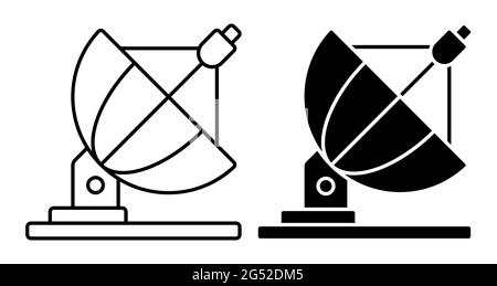 Lineares Icon-Radioteleskop zur Erforschung von Universum und Weltraum. Astronomische Beobachtungen von Sternen. Entdeckungen in der Astrophysik. Schlichtes Schwarz und Weiß Stock Vektor