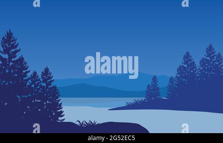 Fantastische Aussicht auf die Berge vom Flussufer in der Nacht mit der Silhouette der Kiefern um es herum. Vektordarstellung einer Stadt Stock Vektor