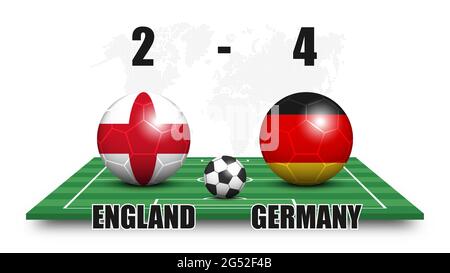 England vs Deutschland . Fußball mit Nationalflaggenmuster auf perspektivischen Fußballfeld. Gepunkteter Weltkarte Hintergrund . Fußballspiel-Ergebnis und sc Stock Vektor