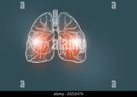 Von Hand gezeichnete Illustration der menschlichen Lunge auf dunkelgrauem Hintergrund. Medizin, Wissenschaftsset mit menschlichen Hauptorganen mit leerem Kopierraum für Text Stockfoto