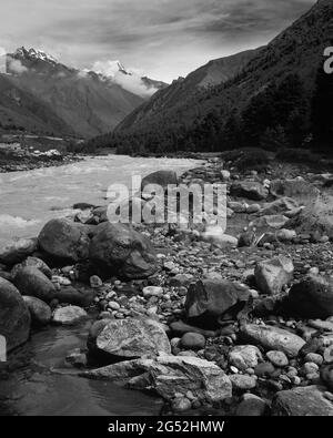 An einem schönen Sommermorgen in der Nähe von Chitkul, Himachal Pradesh, Indien, floss der Fluss durch ein Tal, das von Felsbrocken, Wäldern und schneebedeckten Himalaya flankiert wurde. Stockfoto