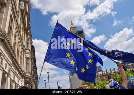 London, Großbritannien. Juni 2021. Ein Demonstrator schwingt eine EU-Flagge. Anti-Brexit-Demonstranten versammelten sich am fünften Jahrestag des Referendums vor dem Parlament. Stockfoto