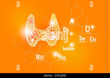 Essentielle Nährstoffe für die Gesundheit der Schilddrüse, einschließlich Jod, Selenuim, Vitamin B6, Cuprum auf positivem orangenen Hintergrund Stockfoto