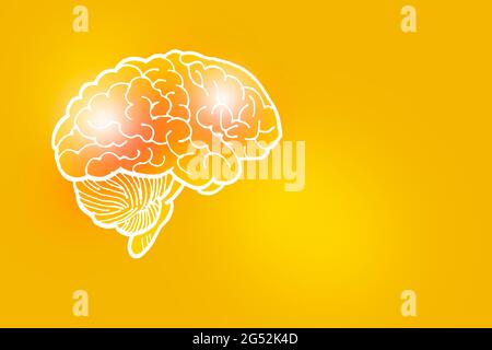 Handrawn Abbildung des menschlichen Gehirns auf gelbem Hintergrund. Medizin, Wissenschaftsset mit menschlichen Hauptorganen mit leerem Kopierraum für Text oder Infografik. Stockfoto