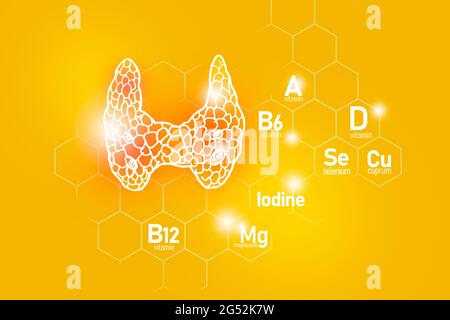 Essentielle Nährstoffe für die Gesundheit der Schilddrüse, darunter Jod, Selenuim, Vitamin B6, Cuprum auf gelbem Hintergrund Stockfoto