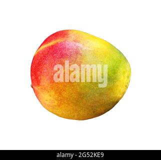Mango isoliert auf weißem Hintergrund. Saftig reifer Mango auf Weiß. Gesunde Lebensweise und antioxidative Frucht, Diät-Konzept. Stockfoto