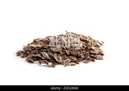 Stapel von Dillsamen isoliert auf weiß bereit zu Pflanzen Stockfoto