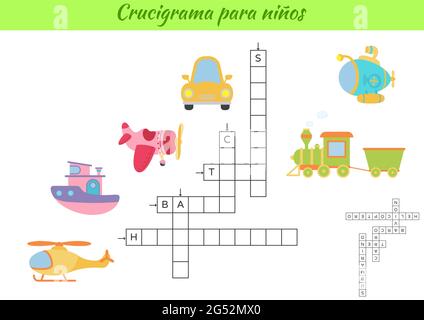 Kreuzworträtsel für Kinder auf Spanisch mit Bildern von Transport. Lernspiel zum Lernen der spanischen Sprache und Wörter. Druckbares Arbeitsblatt für untergeordnete Vorgänge Stock Vektor