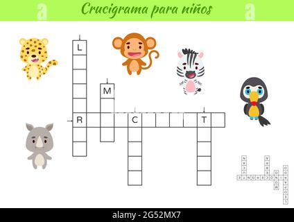 Kreuzworträtsel für Kinder auf Spanisch mit Bildern von Tieren. Lernspiel zum Lernen der spanischen Sprache und Wörter. Druckbares Arbeitsblatt für untergeordnete Vorgänge. Stock Vektor