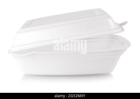 Weiße Einweg-Lebensmittelbox aus Kunststoff auf weißem Hintergrund Stockfoto