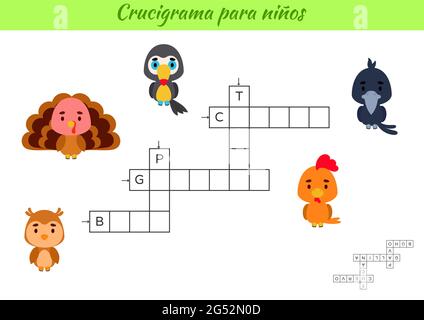 Kreuzworträtsel für Kinder auf Spanisch mit Bildern von Vögeln. Lernspiel zum Lernen der spanischen Sprache und Wörter. Druckbares Arbeitsblatt für untergeordnete Vorgänge. Zoll Stock Vektor