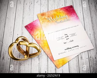 Zwei anhängete herzförmige Ringe stehen auf alten Holzbrettern neben der Hochzeitseinladung. 3D-Illustration. Stockfoto