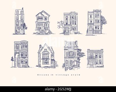 Satz von Häusern Zeichnung in altmodischen Vintage-Stil mit dunkelblauer Farbe Stock Vektor