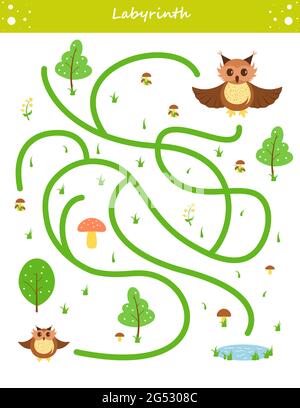 Labyrinth. Finden Sie den richtigen Weg für Eule. Spiel für Kinder. Puzzle für Kinder. Darstellung von Farbvektoren. Arbeitsblatt zum Bildungswesen. Stock Vektor