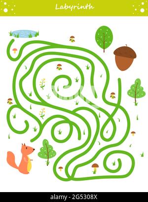 Labyrinth. Finden Sie den richtigen Weg für Eichhörnchen. Spiel für Kinder. Puzzle für Kinder. Darstellung von Farbvektoren. Arbeitsblatt zum Bildungswesen. Stock Vektor