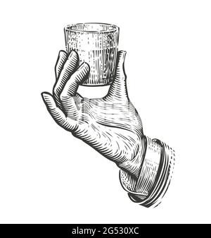 Hand hält ein Glas. Illustration im Vintage-Gravurstil gezeichnet Stock Vektor