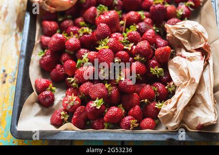Frische Erdbeeren auf dem Tablett, Beeren. Stockfoto