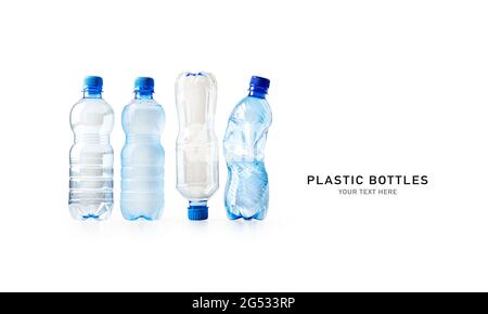 Wasserflaschen aus Kunststoff isoliert auf weißem Hintergrund gesetzt. Umweltverträgliches Recycling-Konzept. Designelement Stockfoto