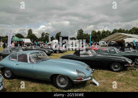 London, Großbritannien. Juni 2021. Die London Classic Car Show wird im Syon Park mit mehr als 500 Automobil-Ikonen gezeigt, die die Hundertjahrfeier des Brescia und des wegweisenden Lancia Lambda sowie 60 Jahre des berühmten E-TYPE Jaguar feiern.Paul Quezada-Neiman/Alamy Live News Credit: Paul Quezada-Neiman/Alamy Live News Stockfoto