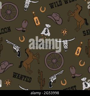 Nahtloses Vektormuster mit wildem West-Cowboy auf dunkelgrünem Hintergrund. Einfache Western Cartoon Wallpaper Design. Dekorative Vintage Mode Textil. Stock Vektor