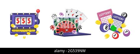 Online Glücksspiel sucht Icon Set. Riskante Unterhaltung Internet Kasino Abhängigkeit Illustration. Spielautomaten, Lotteriespiel, Roulette, Würfel und Poker Club Symbole. Jackpot-Gewinn und Glückliche Tombola-Tickets Stock Vektor