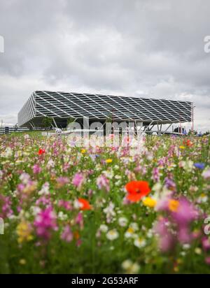 Herzogenaurach, Deutschland. Juni 2021. Fußball: Europameisterschaft, Nationalmannschaft, Trainingslager Deutschland. Das Gebäude der 'adidas Arena' auf dem Adidas-Gelände. Während der Europameisterschaft werden die deutsche Fußballnationalmannschaft und ihre Hilfskmitarbeiter auf dem Heimgelände des DFB-Partners Adidas leben und trainieren. Am 29. Juni spielt Deutschland in der Runde 16 im Londoner Wembley-Stadion England. Quelle: Christian Charisius/dpa/Alamy Live News Stockfoto