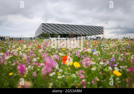 Herzogenaurach, Deutschland. Juni 2021. Fußball: Europameisterschaft, Nationalmannschaft, Trainingslager Deutschland. Das Gebäude der 'adidas Arena' auf dem Adidas-Gelände. Während der Europameisterschaft werden die deutsche Fußballnationalmannschaft und ihre Hilfskmitarbeiter auf dem Heimgelände des DFB-Partners Adidas leben und trainieren. Am 29. Juni spielt Deutschland in der Runde 16 im Londoner Wembley-Stadion England. Quelle: Christian Charisius/dpa/Alamy Live News Stockfoto