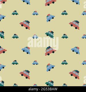 Nahtloses Vektor-Muster mit Bus, Flugzeug, Auto, Zug, Schiff auf hellgelbem Hintergrund. Kindermuster für Textil, Geschenkpapier, Backdrops. Stock Vektor