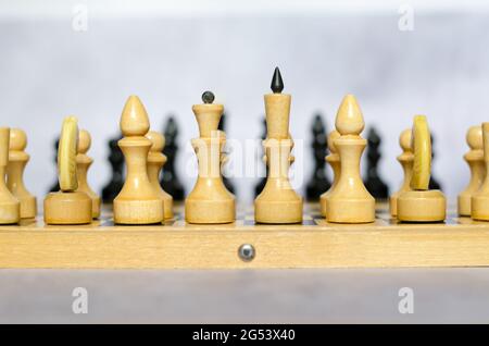 Schachfiguren auf Schachbrett-Seitenansicht, selektiver Fokus. Weiße Stücke im Vordergrund, schwarze Stücke im Hintergrund Stockfoto