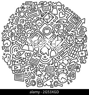 Kreisen Sie das Doodle-Muster in sozialen Medien ein. Vektordarstellung wits handgezeichnete Symbole Stock Vektor
