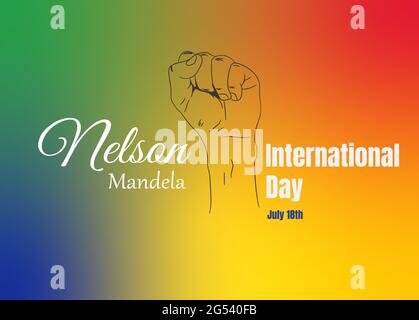 Nelson Mandela International Day 18. Juli. 18. Juli.Verfolgung einer erhobenen Faust, Hintergrund der Farben der afrikanischen Flagge, grün, blau, rot, gelb Stock Vektor