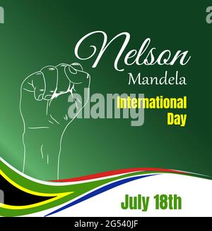 Nelson Mandela International Day 18. Juli.Zeichnung einer erhobenen Faust, der Hintergrund der grünen Farbe und wellenförmigen afrikanischen Flagge. Stock Vektor