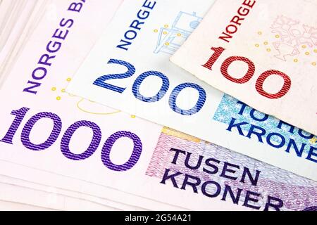 Eine Nahaufnahme der norwegischen Währungsbanknoten. Stockfoto