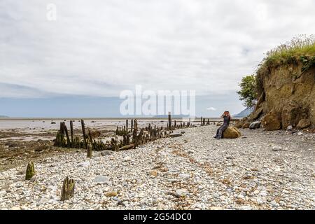 Eine einzige Frau, die auf einem großen Felsen am Kiesstrand von Llanfairfechan sitzt und ein Foto macht, wobei die Kamera dem Betrachter des Bildes zugewandt ist. Stockfoto