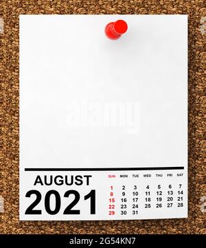 Kalender August 2021 auf leerem Notizbuch mit freiem Platz für Ihren Text. 3d-Rendering Stockfoto