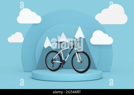 Schwarz-Weiß Mountainbike über blauen Zylindern Produkte Bühne Sockel mit Wolken und Bergen auf blauem Hintergrund. 3d-Rendering Stockfoto